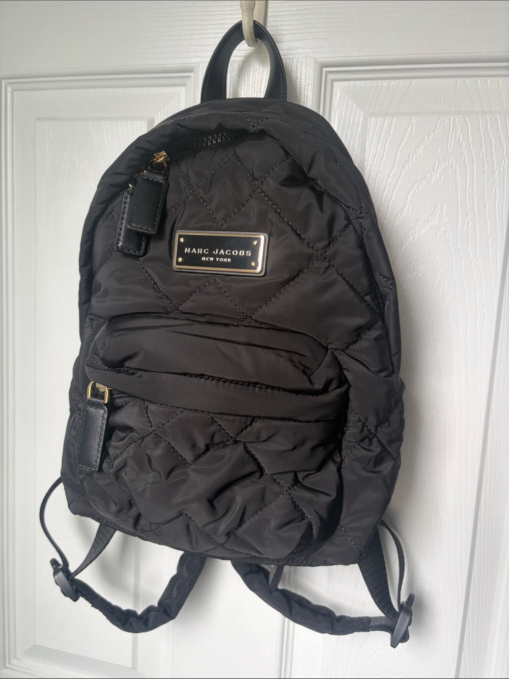 Marc Jacobs Black Quilted Nylon Mini Backpack with Gold Plaque